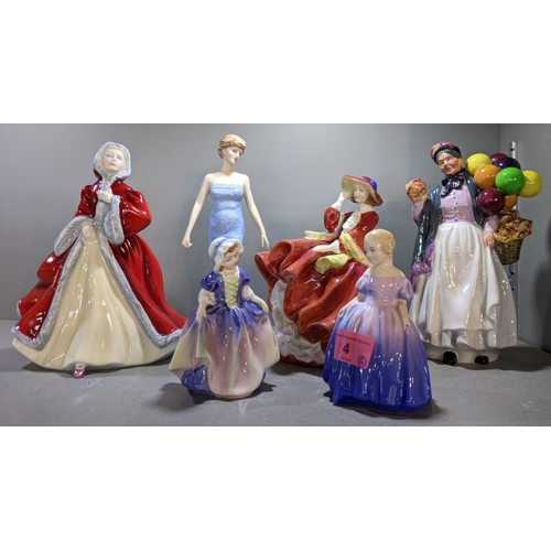 4 - Six Royal Doulton figures to include Top of the Hill, Rachel, Biddy, Penny Farthing, Dian Princess o... 