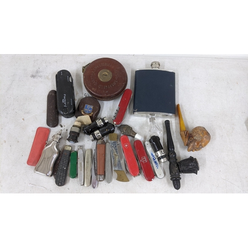 405 - A mixed lot to include pen knives, two pipes, hip flask and other items
Location; RAM