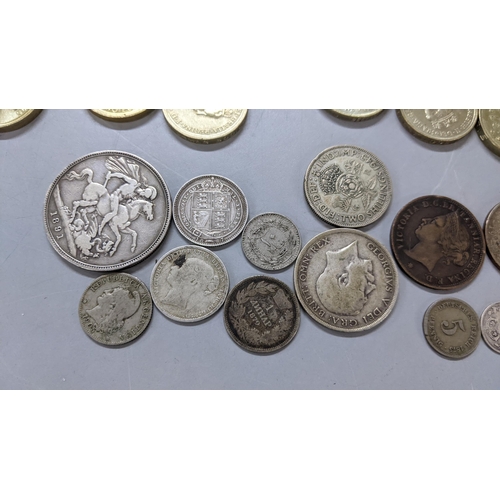 418 - Mixed Victorian and later British and world coins to include a 1891 crown, 1887 Shilling and six pen... 