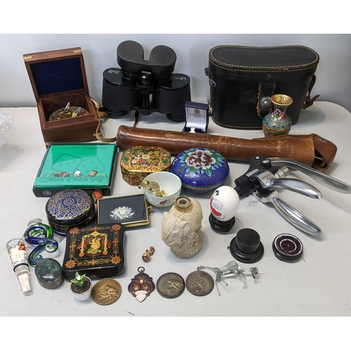 92 - A mixed lot to include Limer binoculars, cloisonne lacquered boxes, marksmanship medallions and othe... 