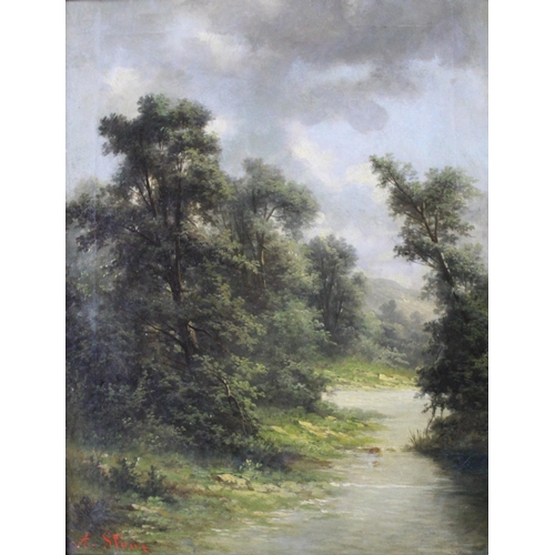 367 - A Stuart - a river scene with tree lined banks and hills beyond, oil on canvas, 46cm x 35cm, in a gi... 