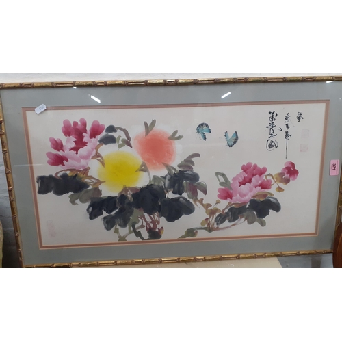 371 - A 20tt century framed Chinese painting of flora and butterflies, signed and mounted in a gold painte... 