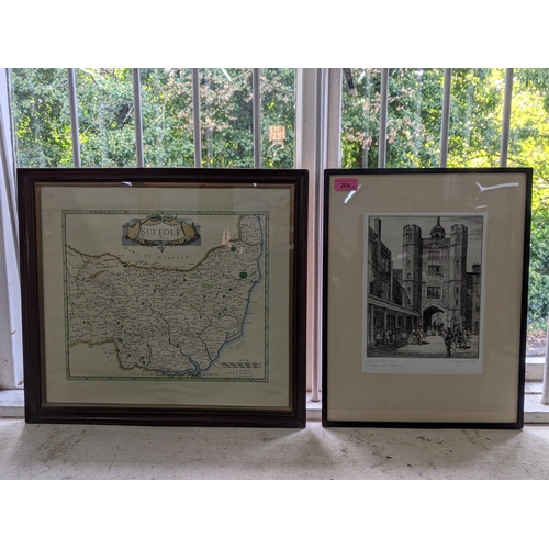 204 - Mixed pictures to include a reproduction of a Robert Morden map of Suffolk, a hand coloured reproduc... 