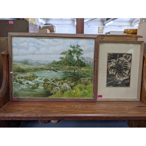 209 - Two pictures comprising of a river scene with a figure fishing oil on board signed L Cooper - dated ... 