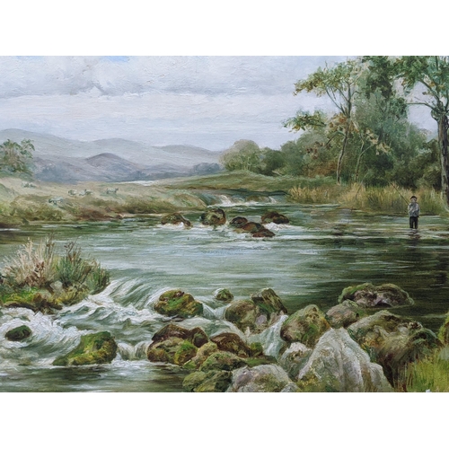 209 - Two pictures comprising of a river scene with a figure fishing oil on board signed L Cooper - dated ... 