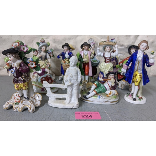 224 - A quantity of 13x late 19th/early 20th mainly German porcelain figures each in 18th century costume
... 