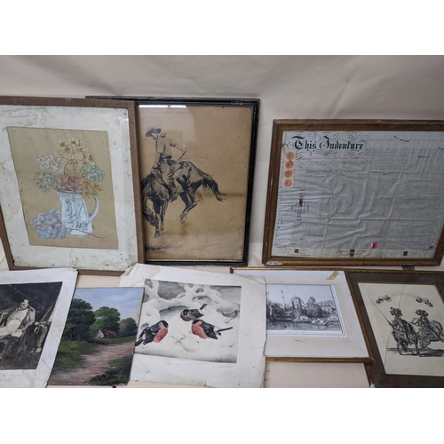 262 - Pictures to include an indenture, a watercolour still life, an engraving of birds and a signed a lar... 