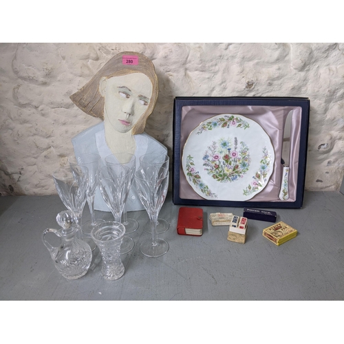 280 - A mixed lot to include a bust by Gill Cheeseman, an Aynsley cake plate and knife in a presentation c... 