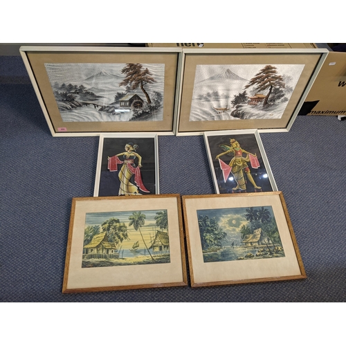 444 - A group of six framed and glazed Oriental silks and pictures to include a pair of silks with mountai... 