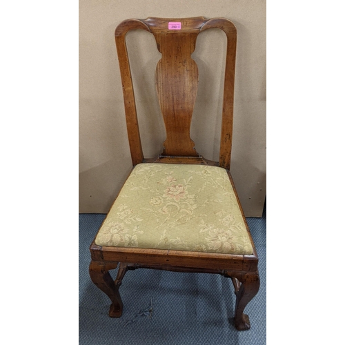 290 - An early 20th century Queen Anne style walnut framed dining chair united by four stretchers, raised ... 