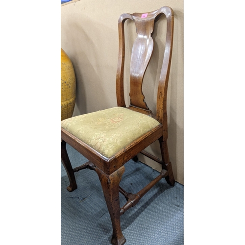 290 - An early 20th century Queen Anne style walnut framed dining chair united by four stretchers, raised ... 