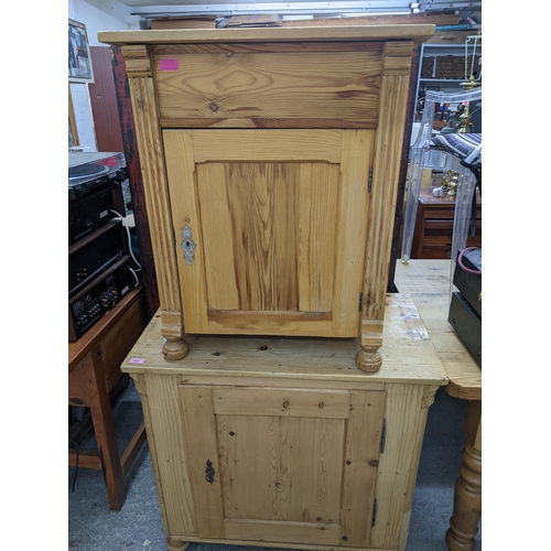 353 - A Victorian pine side cupboard with single panelled door on bun front feet 80cm x 85cm x 49cm, and a... 