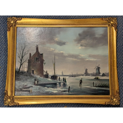 438 - Michael Jeffries - oil on board depicting a Dutch frozen waterway scene, signed to the lower right c... 