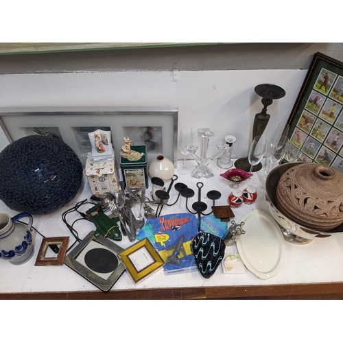 486 - Ceramics glassware coins and collectables to include a lamp a candelabra, flatware, Beatrix Potter f... 