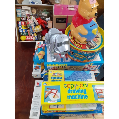 516 - A quantity of vintage children's games and toys to include shop grocery boxes, a drum and a Tekno do... 