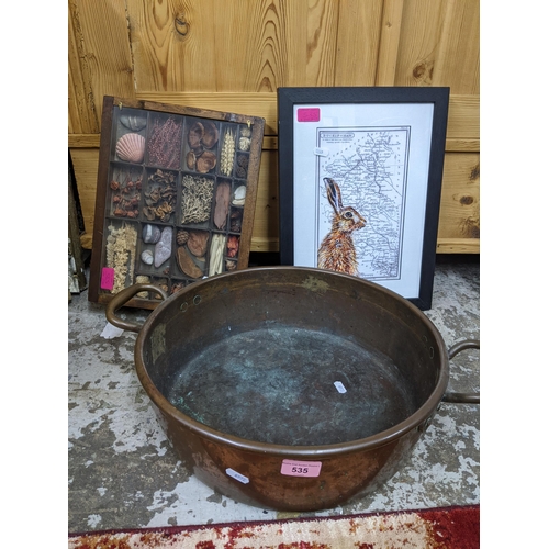 535 - A miscellaneous lot to include a twin handled copper preserve pan, a small wall hanging print tray c... 