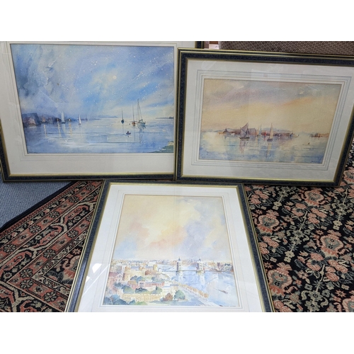 497 - Michael Goymour - Three watercolours to include one depicting London entitled 'Across the River' 55.... 