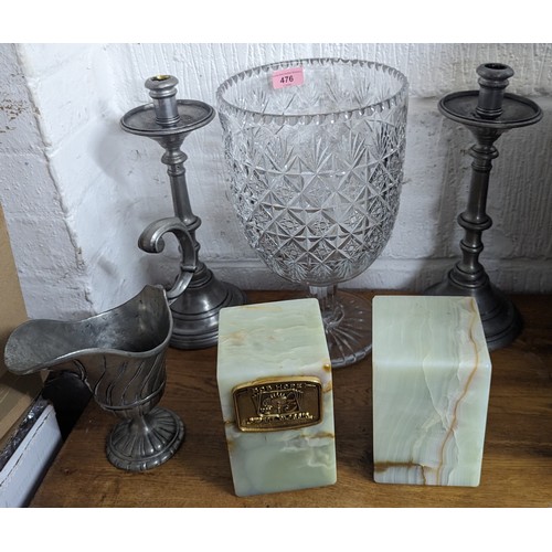 476 - THIS LOT HAS BEEN WITHDRAWN
Mixed items to include a glass vase A/F, pewter candlestick and a jug, a... 