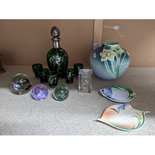 344 - A selection of glass and china to include a Franz porcelain vase and two pin dishes, Venetian green ... 