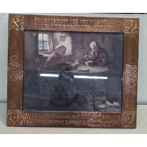 455 - Am Arts and crafts Scottish hammered copper picture frame embossed with Robert Burns poem 'Selkirk G... 