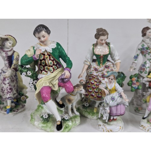 179 - Five pairs and three other 19th century and later porcelain figures to include Bow, Dresden, Sitzend... 