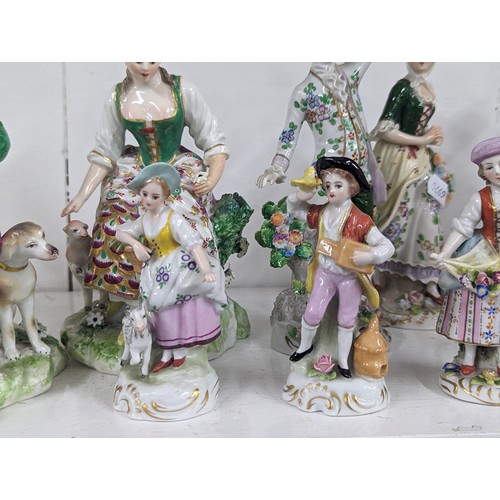 179 - Five pairs and three other 19th century and later porcelain figures to include Bow, Dresden, Sitzend... 