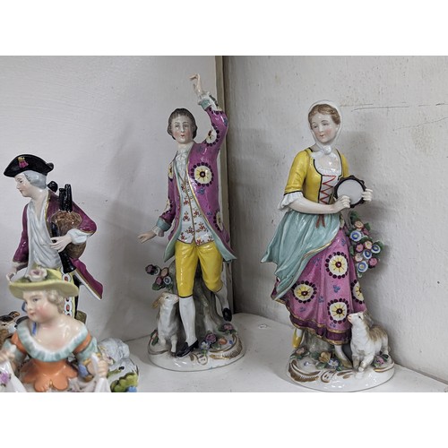 179 - Five pairs and three other 19th century and later porcelain figures to include Bow, Dresden, Sitzend... 