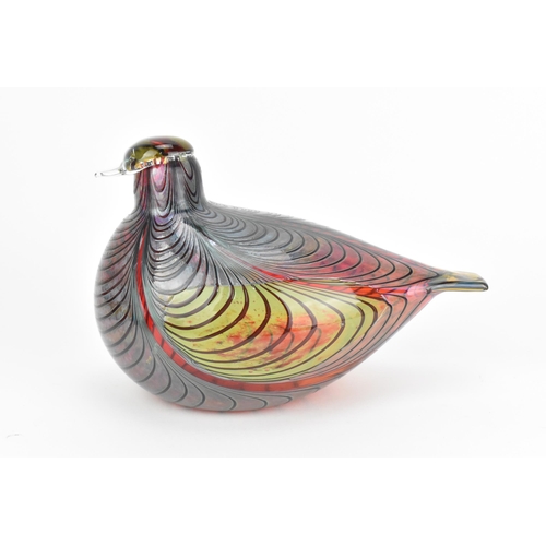 Oiva Toikka (1931-2019) Finnish, studio glass bird, the red glass pheasant with blue and green detail to the body and translucent head, the underside signed O Toikka Nuutajärvi with label, 16 cm high x 23 cm long