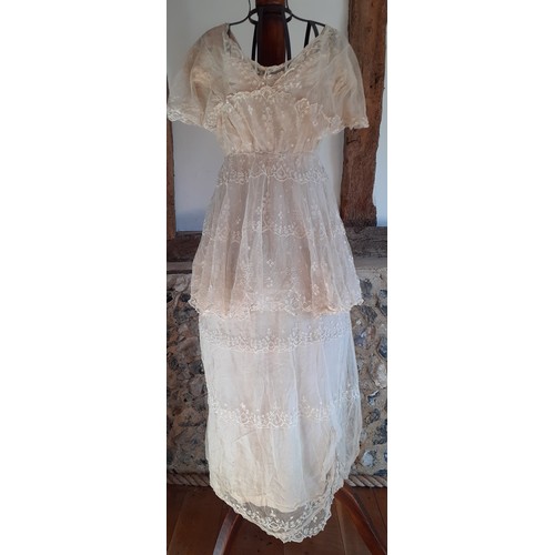 39 - An Edwardian cream dress A/F with embroidered swags, swirls and floral sprays on a button mesh groun... 