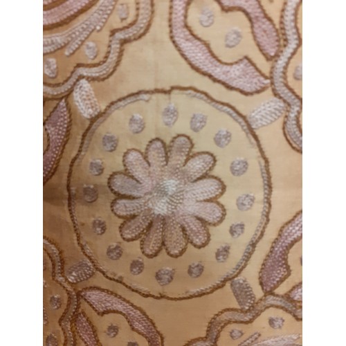 33 - A 20th Century Chinese silk panel having a gold silk ground with brown, pink and cream silk thread u... 