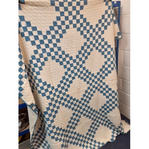 35 - Two 1970's American Mid West blue and white handmade double layer patchwork quilts A/F with machined... 