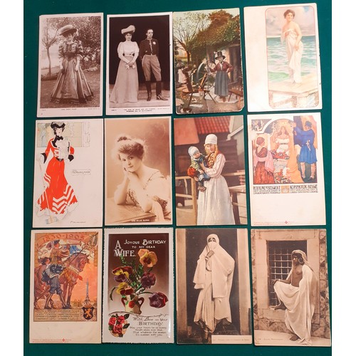 101 - A small collection of 26 vintage postcards to include fashion related examples, a 1909 postcard of a... 