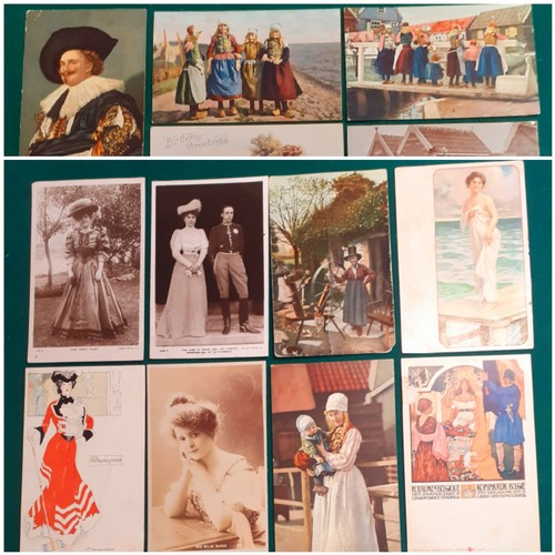 101 - A small collection of 26 vintage postcards to include fashion related examples, a 1909 postcard of a... 