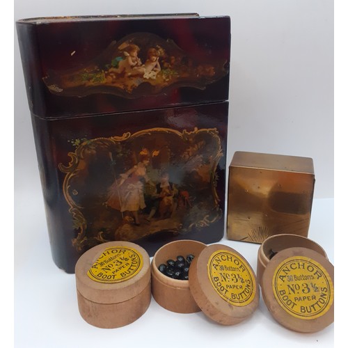 106 - Small collectables to include 3 treen pots of Anchor No 3.5 boot buttons, a decorative lacquered box... 