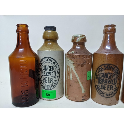 58 - Six Nicholson, Maidenhead stoneware ginger beer bottles including a rare crown cap example, plus two... 