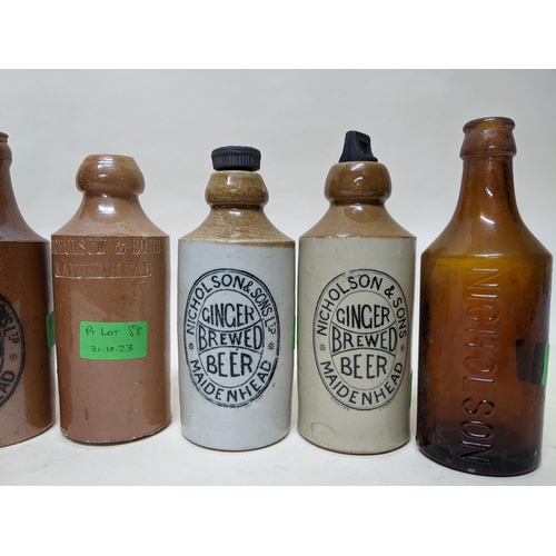 58 - Six Nicholson, Maidenhead stoneware ginger beer bottles including a rare crown cap example, plus two... 