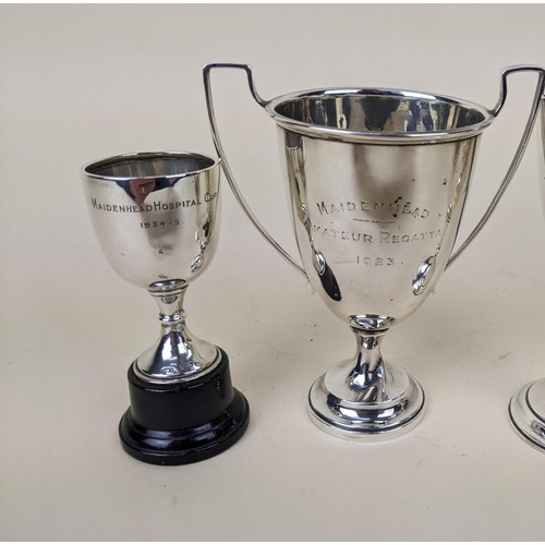 16 - Three Maidenhead trophies; Maidenhead (river) Regatta 1867 'Four Oar' three handled  pewter tankard,... 