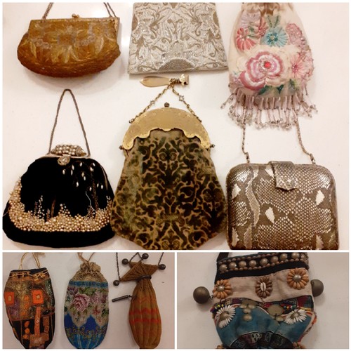 63 - A collection of mid 19th Century and later evening bags to include a mid 19th Century crotchet retic... 