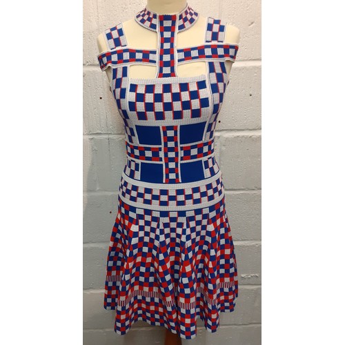 Alexander McQueen-A Circa 2014 chequered Aline dress in a red, white and blue elasticated material, short length with zip to the back,30/32" chest x 24" waist x 36" long. Location:RWB