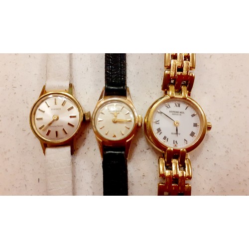 83 - Three ladies cocktail watches to include a gold tone Raymond Weil watch, a Tissot watch on a cream l... 