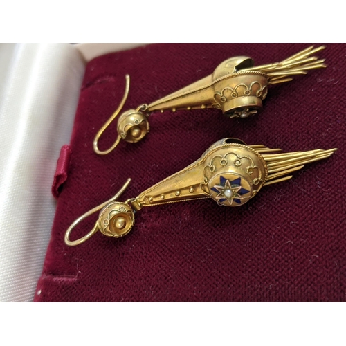 235 - A pair of Victorian gold, enamel and pearl earrings with tassel style ends, A/F, Location: CAB3