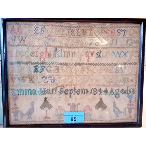 95 - A mid 19th Century sampler worked by Emma Hart in September 1844, aged 10 years old, stretched, moun... 