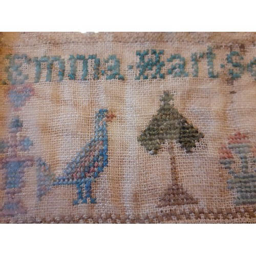 95 - A mid 19th Century sampler worked by Emma Hart in September 1844, aged 10 years old, stretched, moun... 