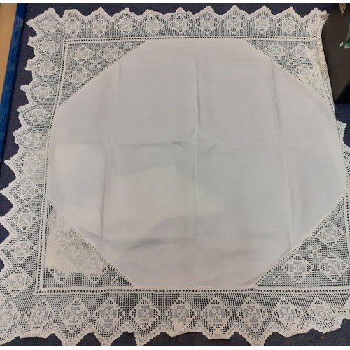 124 - An early 20th Century very large white cotton tablecloth with crotchet insertions 235cm x 290cm (goo... 