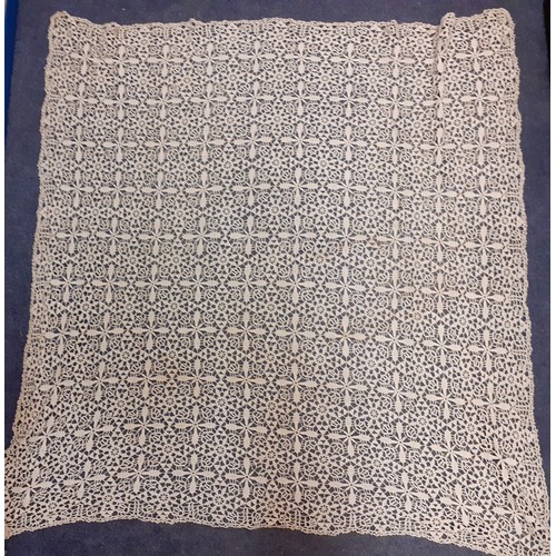 124 - An early 20th Century very large white cotton tablecloth with crotchet insertions 235cm x 290cm (goo... 