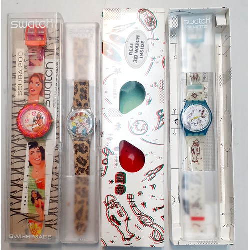 128 - Swatch- Three late 20th Century Swatch watches in original boxes to include one entitled '3D The Fut... 