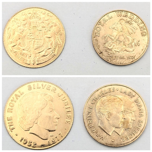 15 - A pair of 9ct gold commemorative coins to include Queen Elizabeth II Silver Jubilee and 1981 Royal W... 