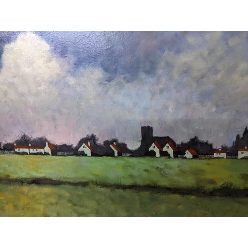 158 - David Gainford (Contemporary) - extensive landscape with red roofed houses, oil on canvas, signed 92... 