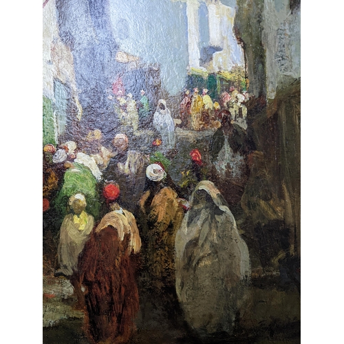 291 - Late 19th/early 20th century Orientalist oil painting on canvas depicting a street scene with Arabs ... 