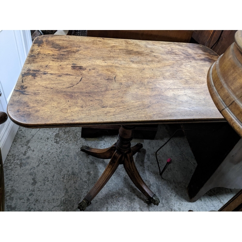 302 - Georgian mahogany pedestal snap top occasional table, brass caps and coasters, and a low side table ... 